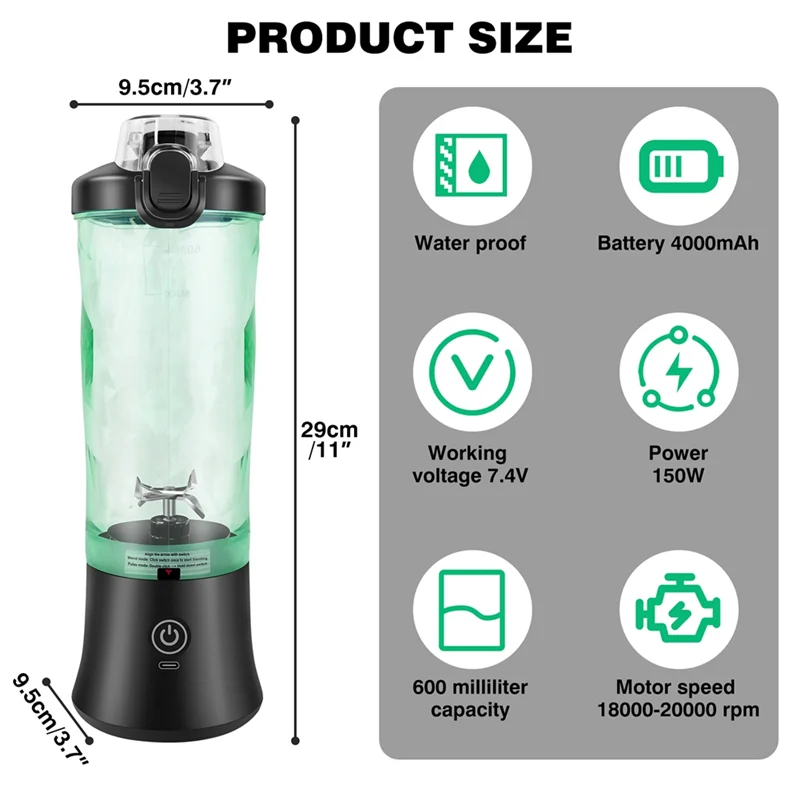 B47B-Fruit Mixer USB Rechargeable 600ML Portable Blender Electric Juicer Mini Personal For Smoothie For Juice Maker
