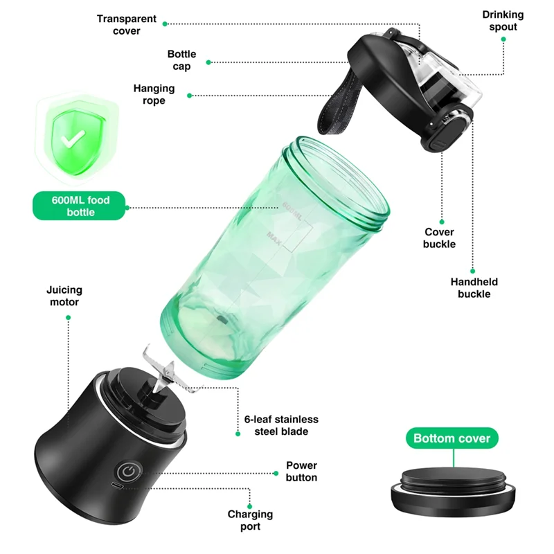 B47B-Fruit Mixer USB Rechargeable 600ML Portable Blender Electric Juicer Mini Personal For Smoothie For Juice Maker