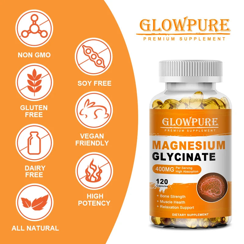 Magnesium Glycinate 400mg for Sleep, Brain, Nervous System, Bone, Muscle, Relieve Anxiety Heart Health, Stress & Anxiety Relief