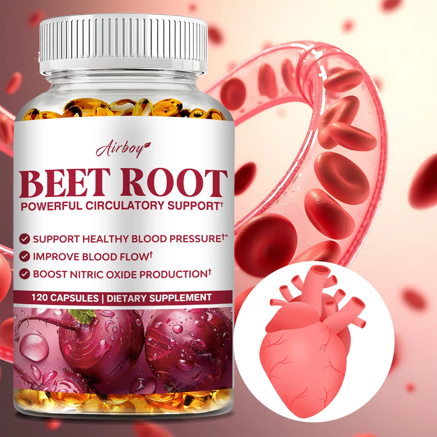 Beet Root Capsules - Blood Pressure Support, Heart Health, Improves Circulation, Blood Flow - 120 Capsules