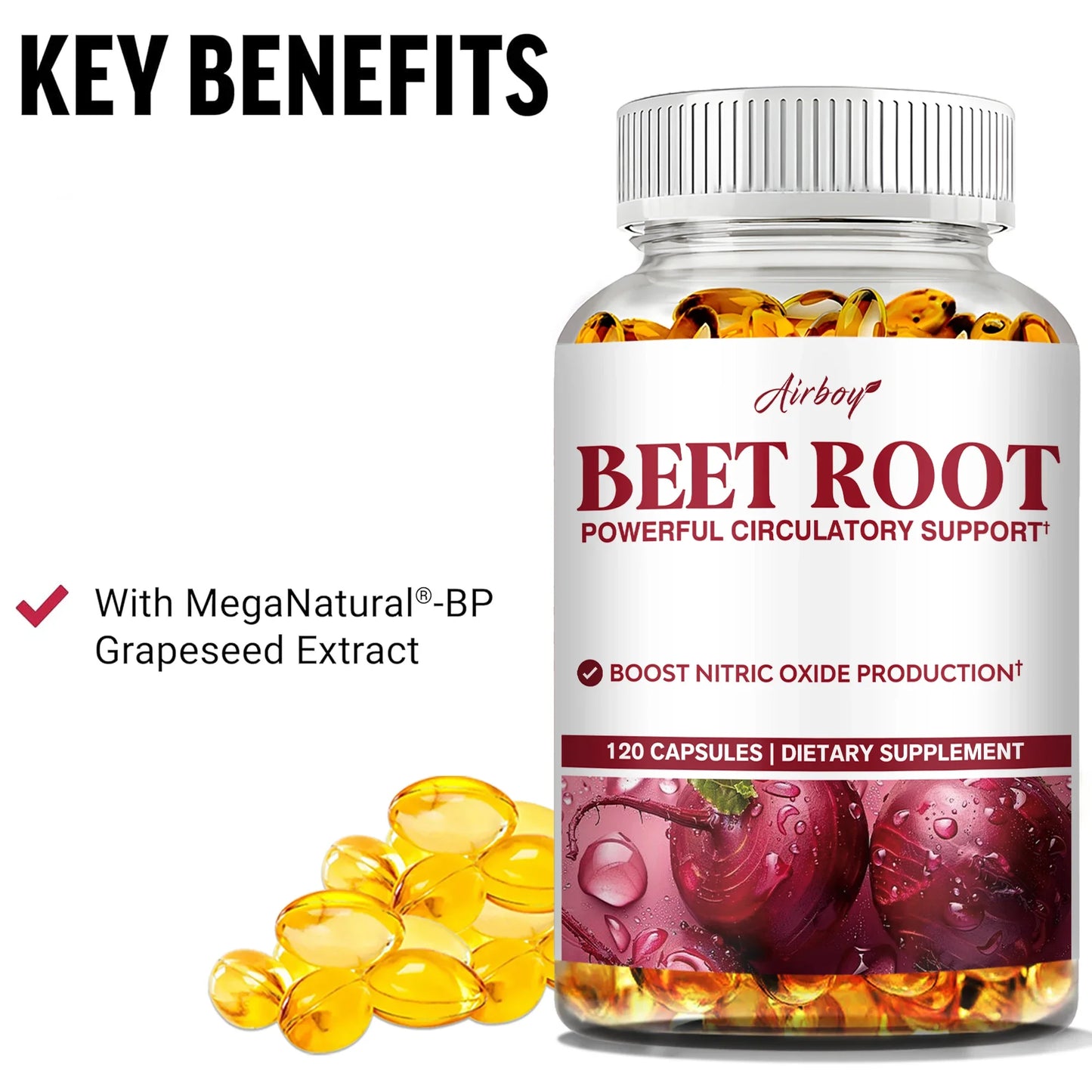 Beet Root Capsules - Blood Pressure Support, Heart Health, Improves Circulation, Blood Flow - 120 Capsules